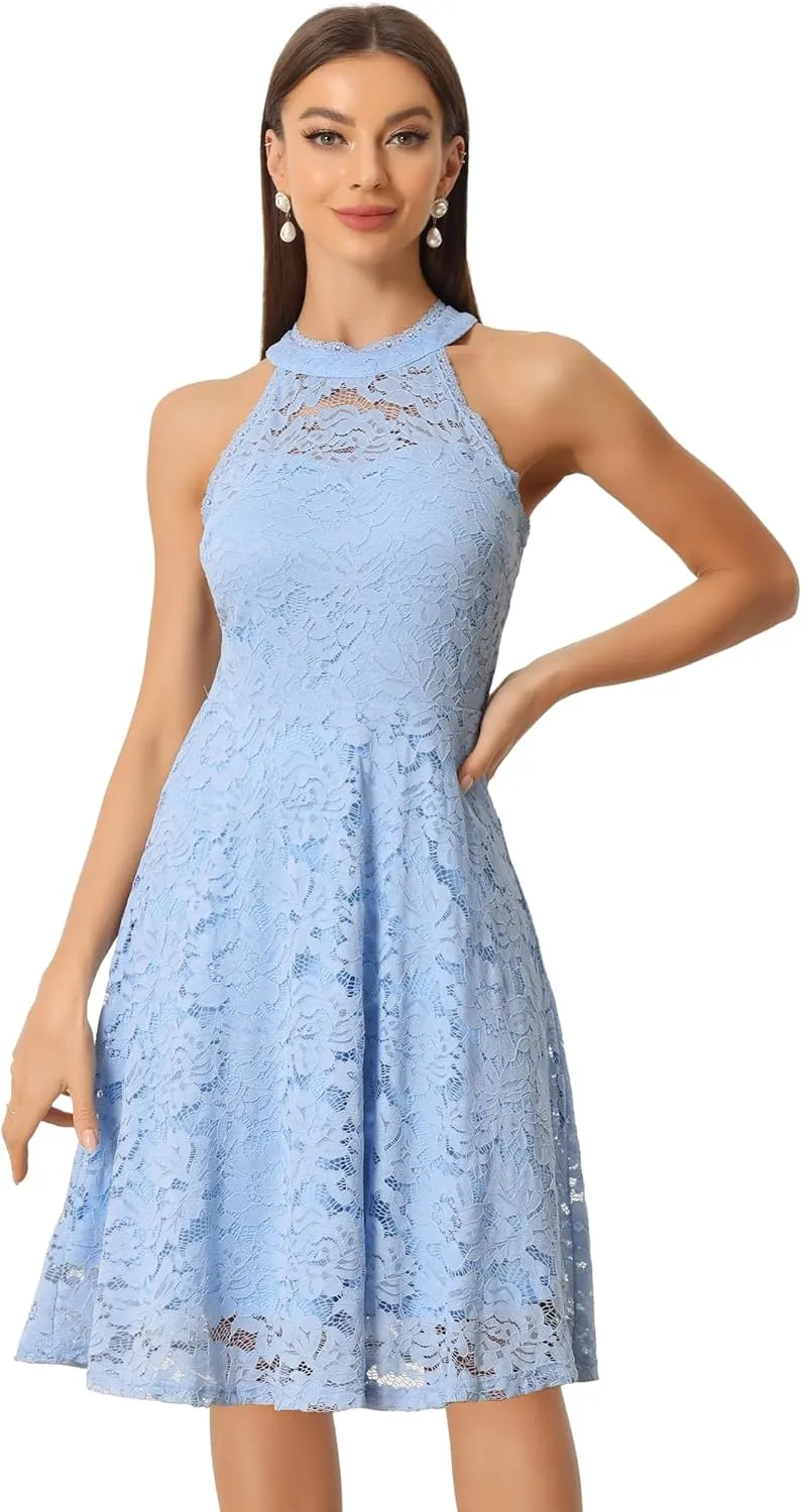 Allegra K Lace Cocktail Dress for Women's Elegant Halter Wedding Guest Bridesmaid Party Dress