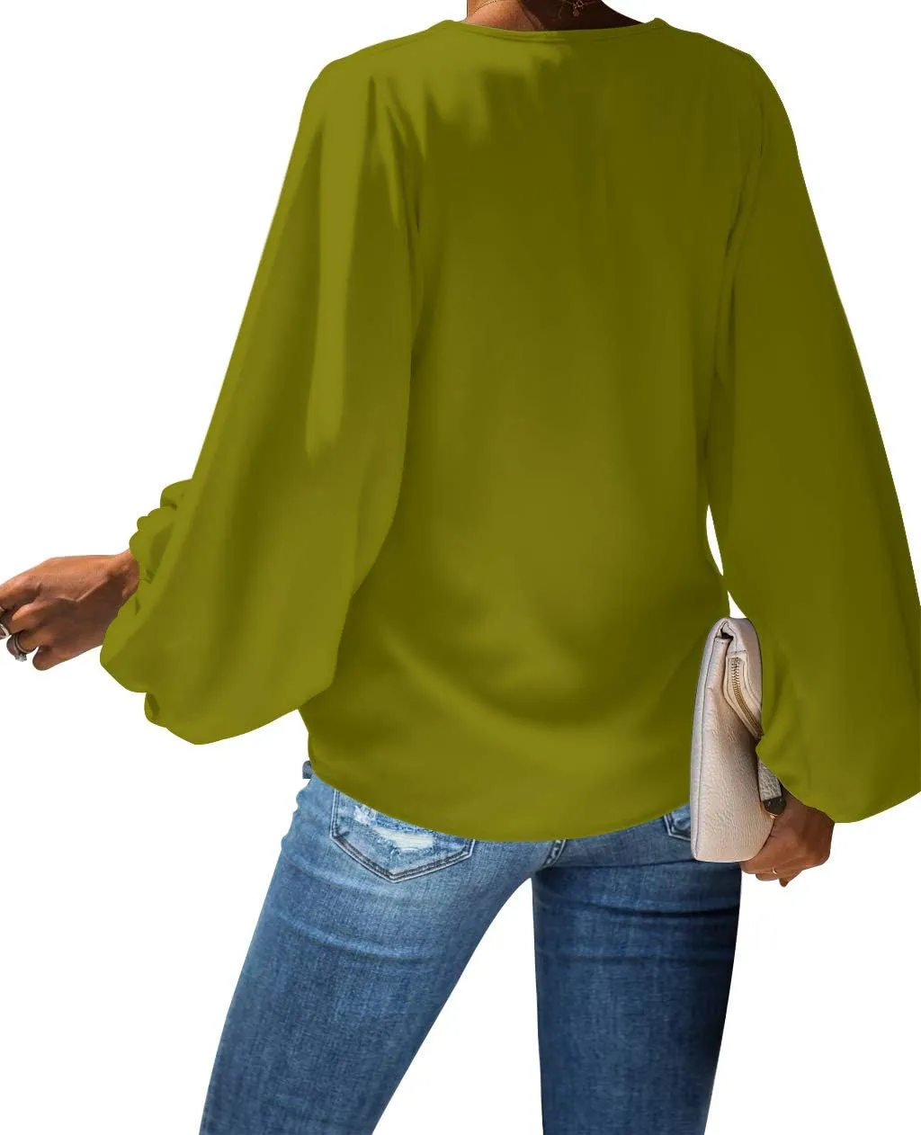 Amzbeauty Women's Sweet & Cute Shirt Balloon Sleeve V-Neck Solid Color & Polka Dots Blouse Top