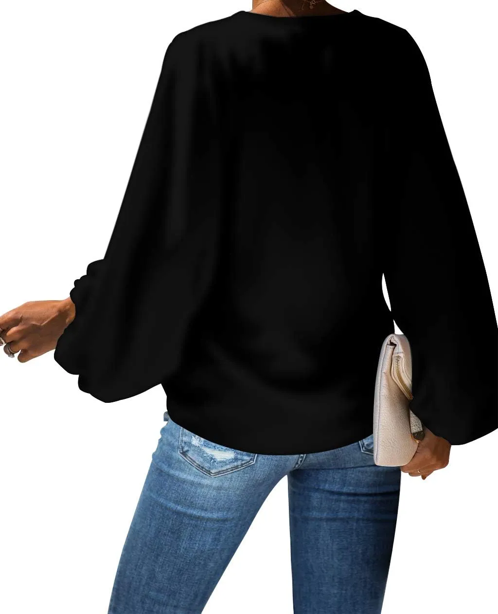 Amzbeauty Women's Sweet & Cute Shirt Balloon Sleeve V-Neck Solid Color & Polka Dots Blouse Top