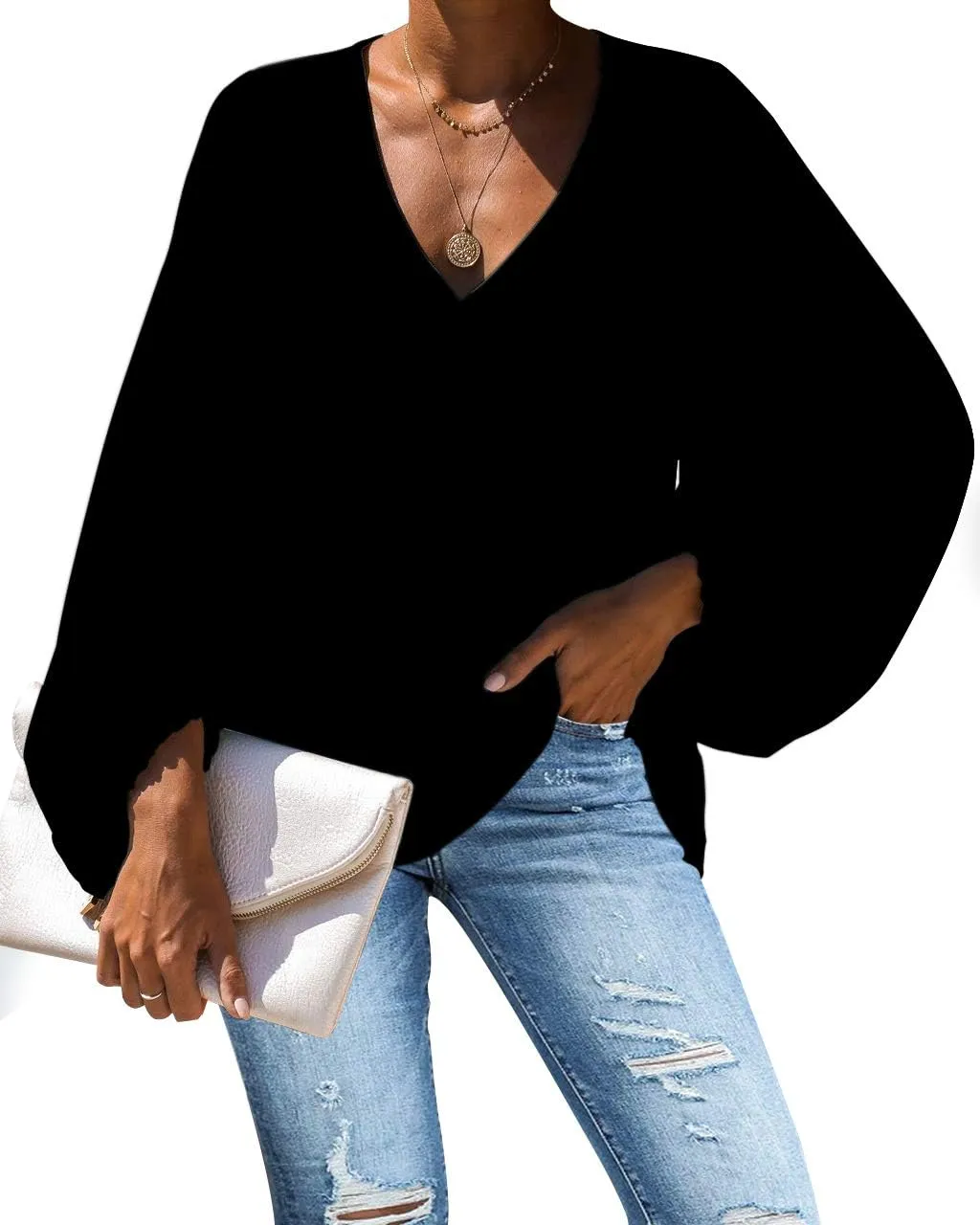 Amzbeauty Women's Sweet & Cute Shirt Balloon Sleeve V-Neck Solid Color & Polka Dots Blouse Top