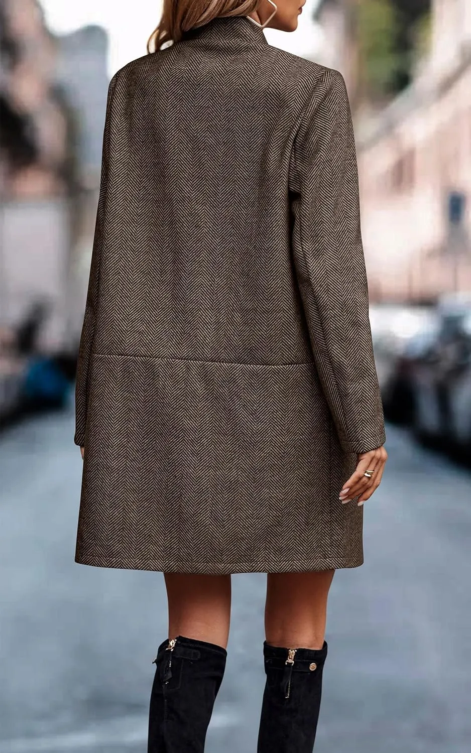 Angashion Womens Coat, Long Sleeve Stand Collar Cardigan Mid-Long Open Front Outwear Overcoat with Zipper Pockets