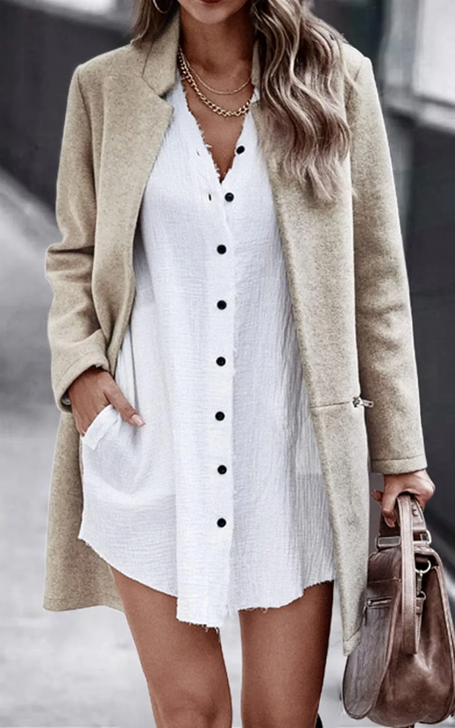 Angashion Womens Coat, Long Sleeve Stand Collar Cardigan Mid-Long Open Front Outwear Overcoat with Zipper Pockets