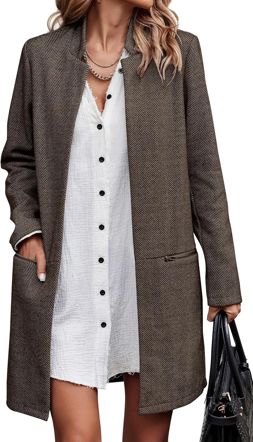 Angashion Womens Coat, Long Sleeve Stand Collar Cardigan Mid-Long Open Front Outwear Overcoat with Zipper Pockets