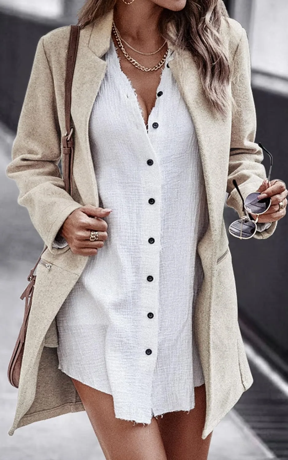 Angashion Womens Coat, Long Sleeve Stand Collar Cardigan Mid-Long Open Front Outwear Overcoat with Zipper Pockets