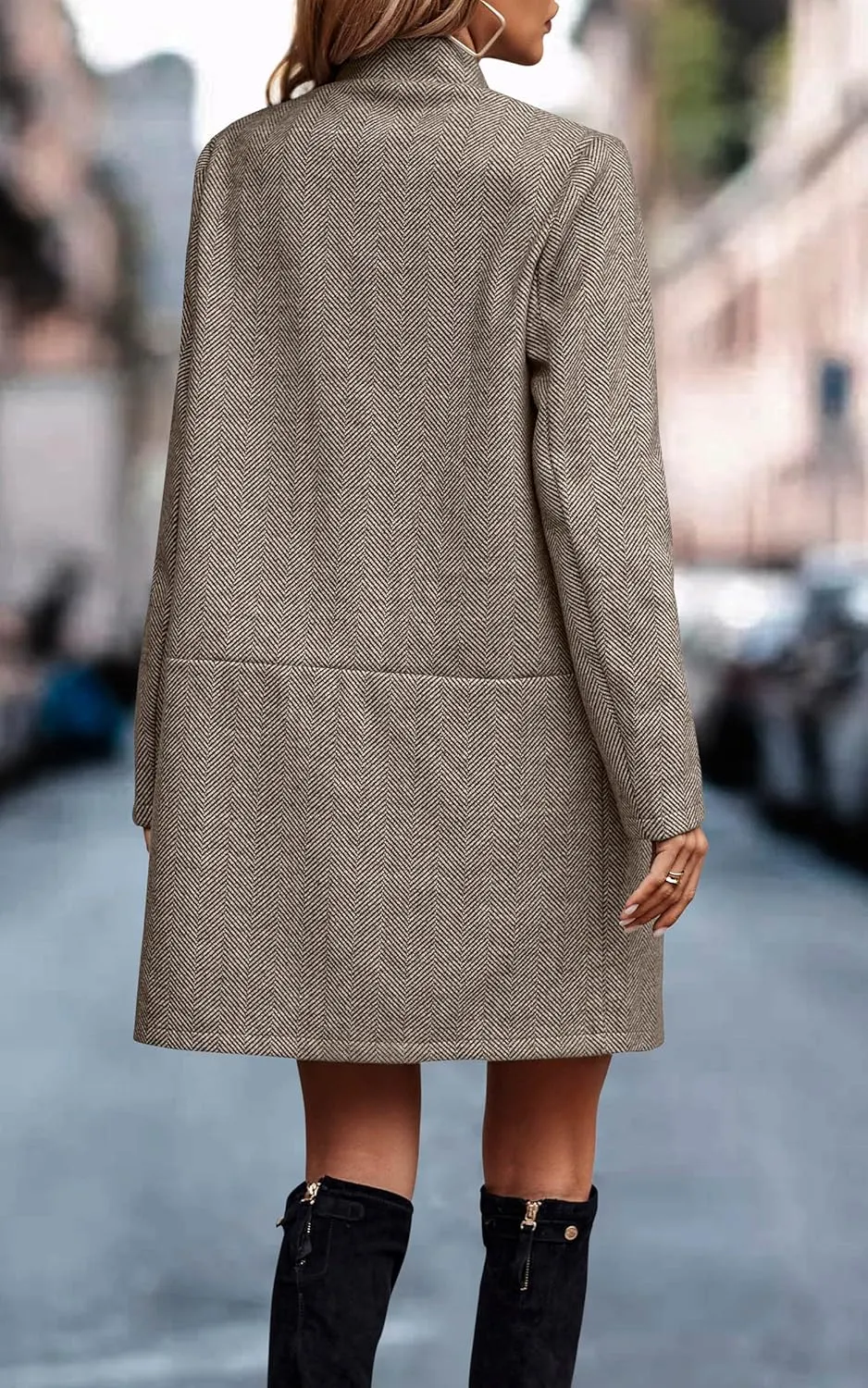 Angashion Womens Coat, Long Sleeve Stand Collar Cardigan Mid-Long Open Front Outwear Overcoat with Zipper Pockets