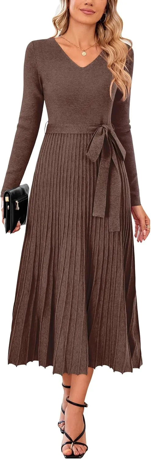 Arach&Cloz Women's Wool Blend Tie Waist Pleated Fall Sweater Dress 2025