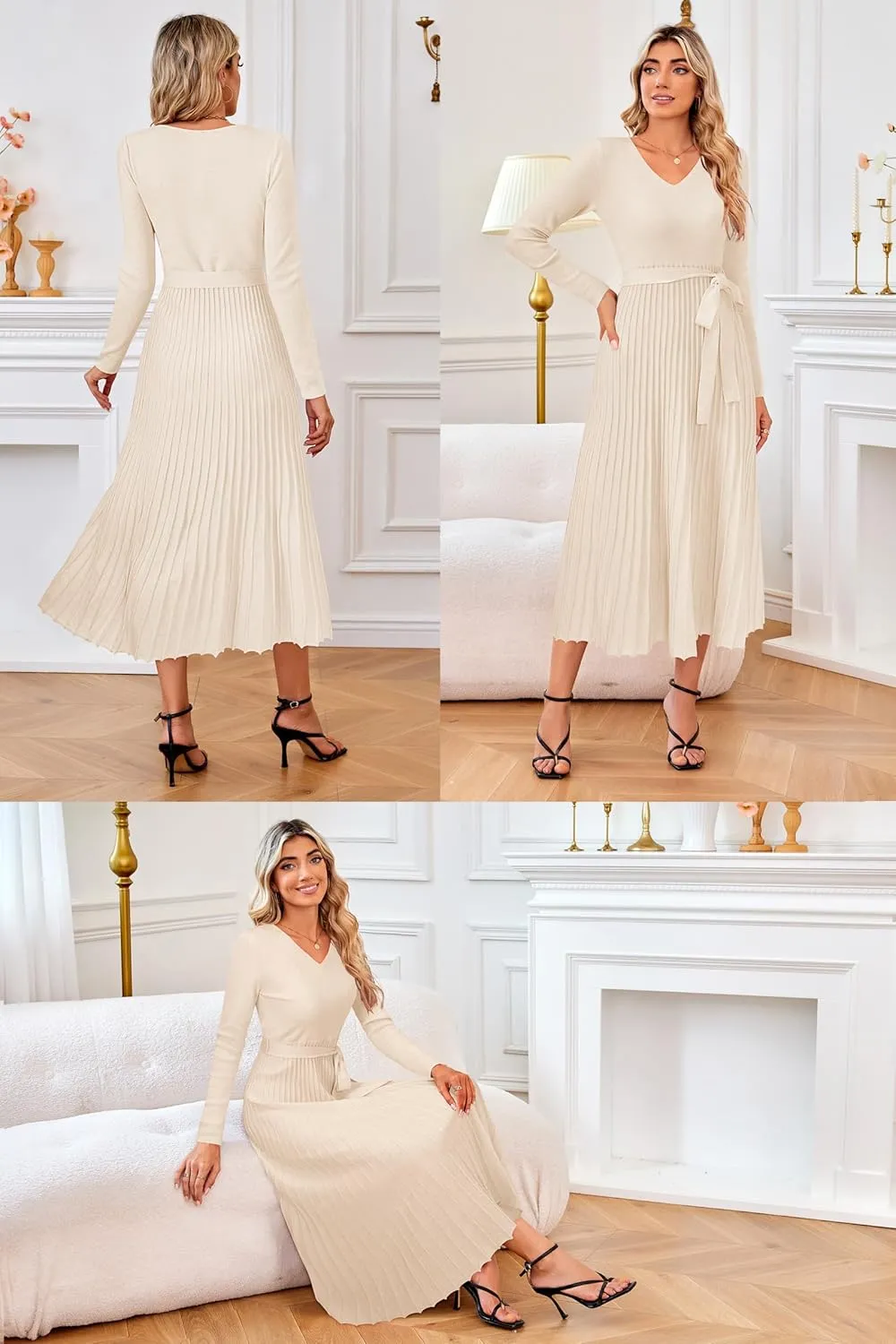 Arach&Cloz Women's Wool Blend Tie Waist Pleated Fall Sweater Dress 2025