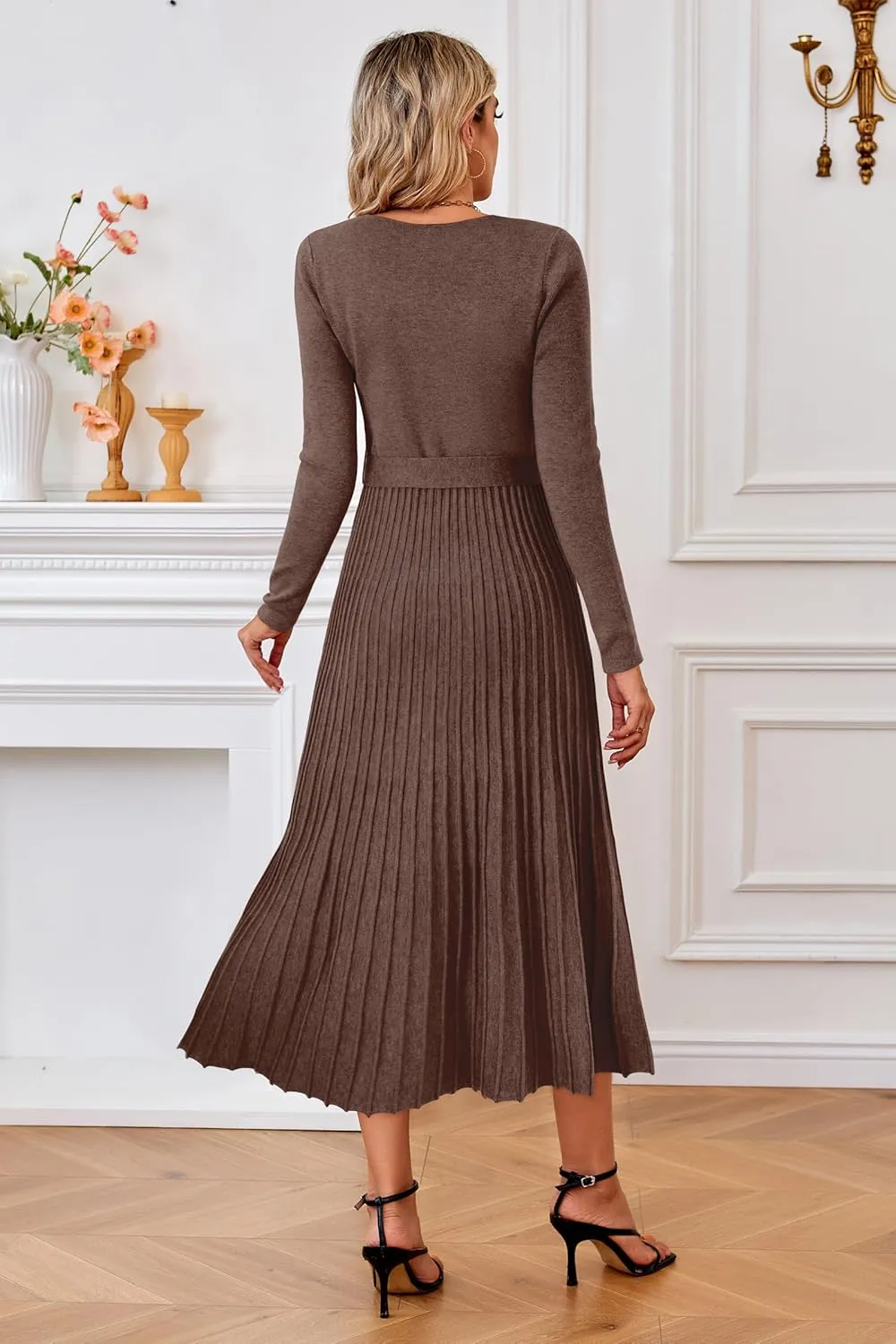 Arach&Cloz Women's Wool Blend Tie Waist Pleated Fall Sweater Dress 2025