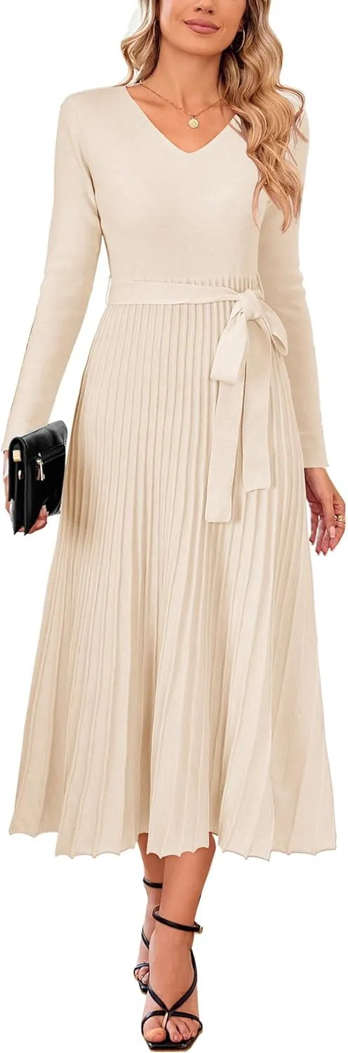 Arach&Cloz Women's Wool Blend Tie Waist Pleated Fall Sweater Dress 2025