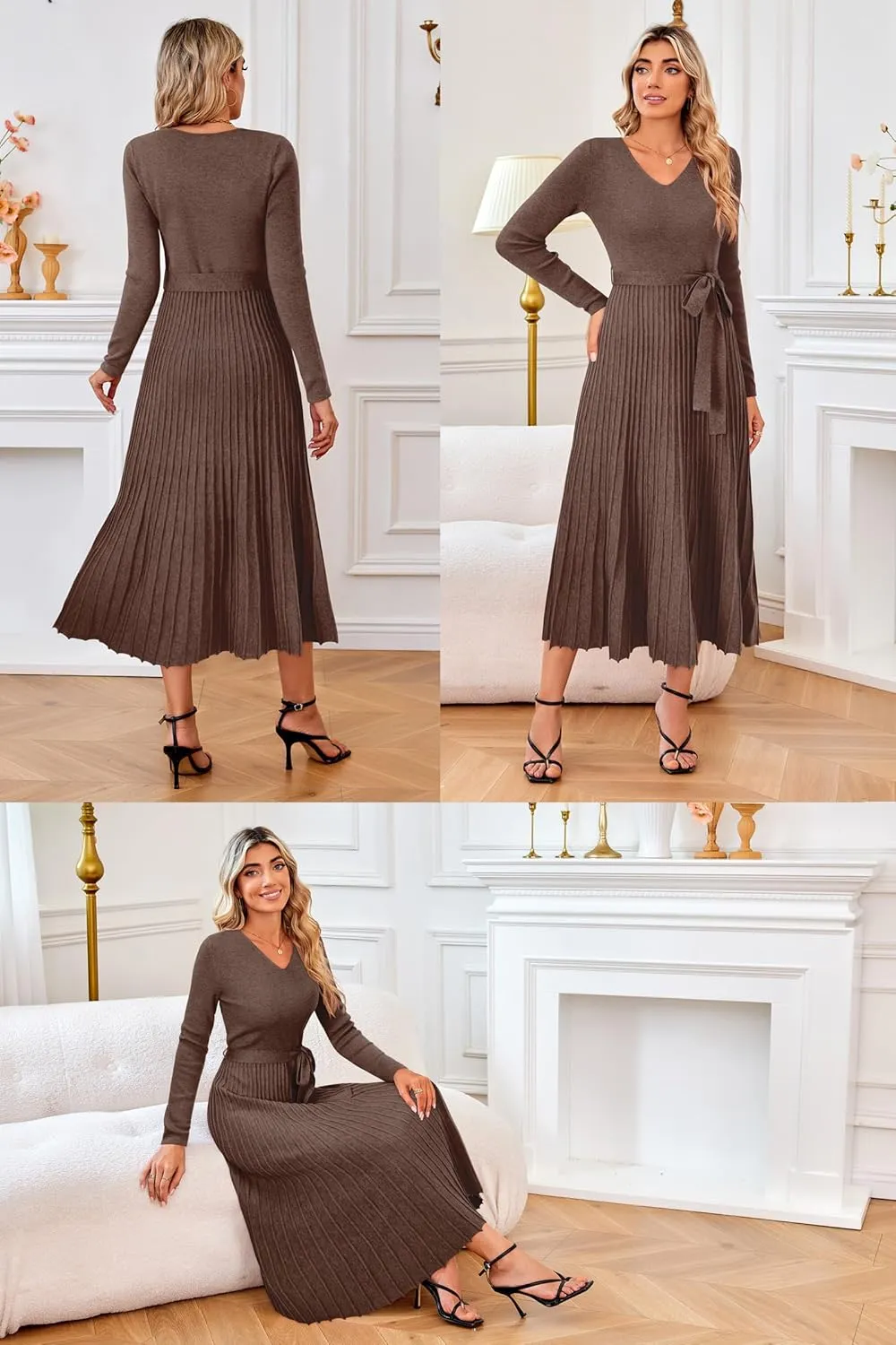 Arach&Cloz Women's Wool Blend Tie Waist Pleated Fall Sweater Dress 2025