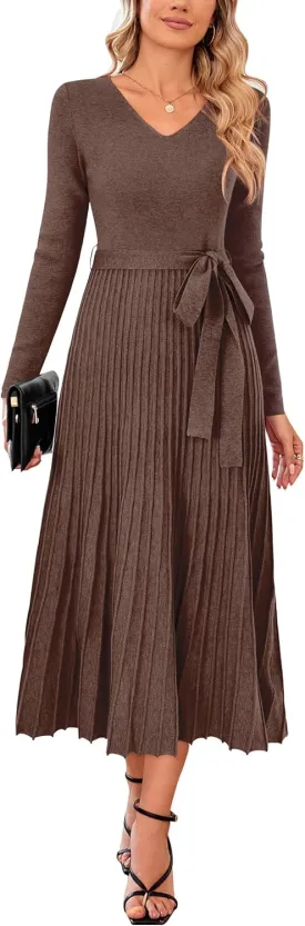 Arach&Cloz Women's Wool Blend Tie Waist Pleated Fall Sweater Dress 2025