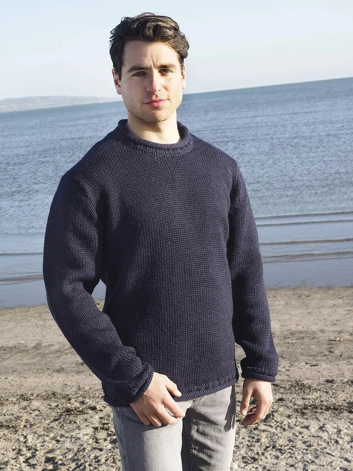 Aran Crafts Mens Plain Curl Neck Long Sleeve Sweater (100% Wool)