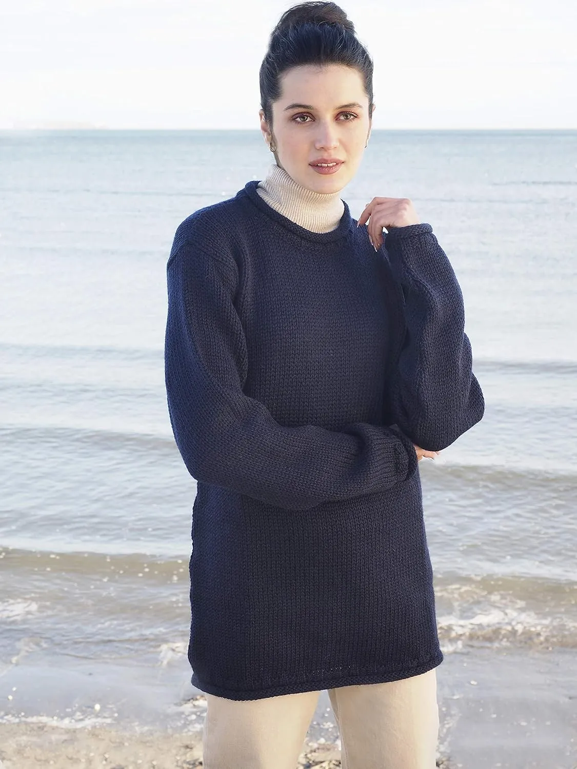 Aran Crafts Mens Plain Curl Neck Long Sleeve Sweater (100% Wool)