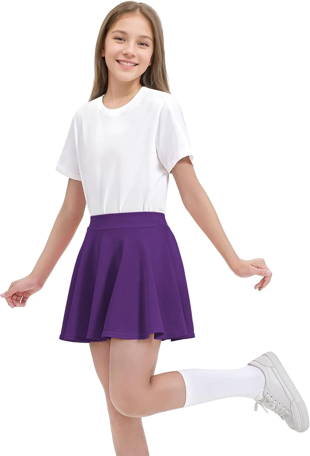 Auranso Girls Mini Skirt Stretch Waist Casual Flared Plain Pleated Skater Skirt