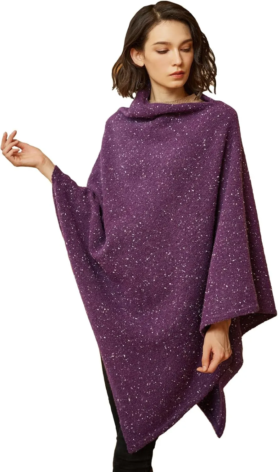 BEAUTELICATE Women Wool Poncho Knitted Tweed Wool Sweater Pullover Pile Collar Cape