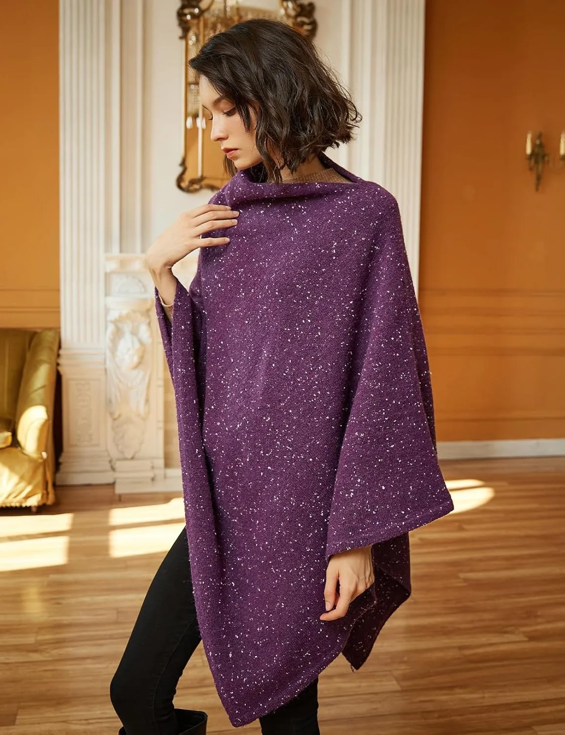 BEAUTELICATE Women Wool Poncho Knitted Tweed Wool Sweater Pullover Pile Collar Cape