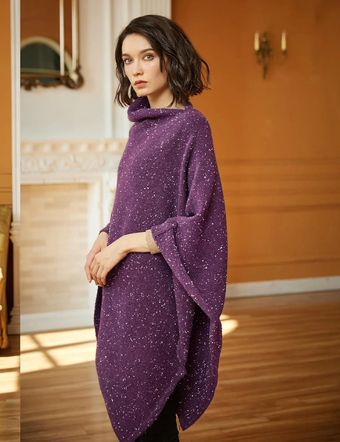 BEAUTELICATE Women Wool Poncho Knitted Tweed Wool Sweater Pullover Pile Collar Cape