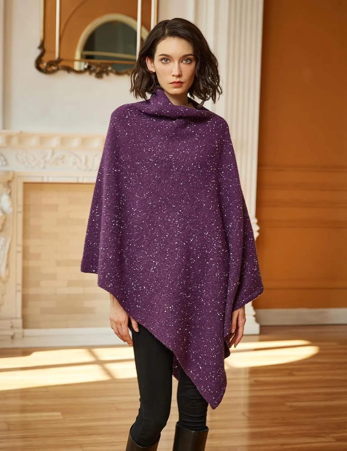 BEAUTELICATE Women Wool Poncho Knitted Tweed Wool Sweater Pullover Pile Collar Cape