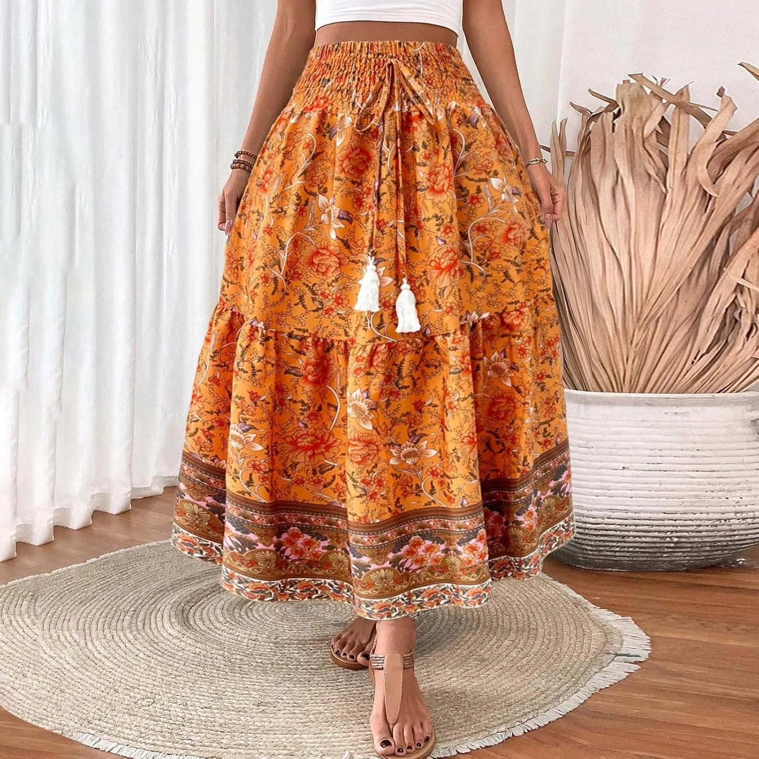 Boho Skirts for Women,2025 Summer Flowy High Waist A Line Maxi Skirt Elegant Pleated Floral Beach Outfits