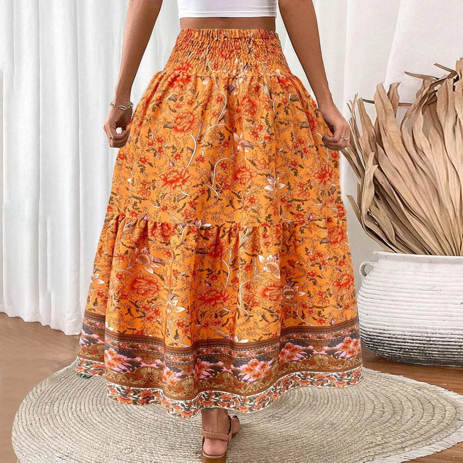 Boho Skirts for Women,2025 Summer Flowy High Waist A Line Maxi Skirt Elegant Pleated Floral Beach Outfits