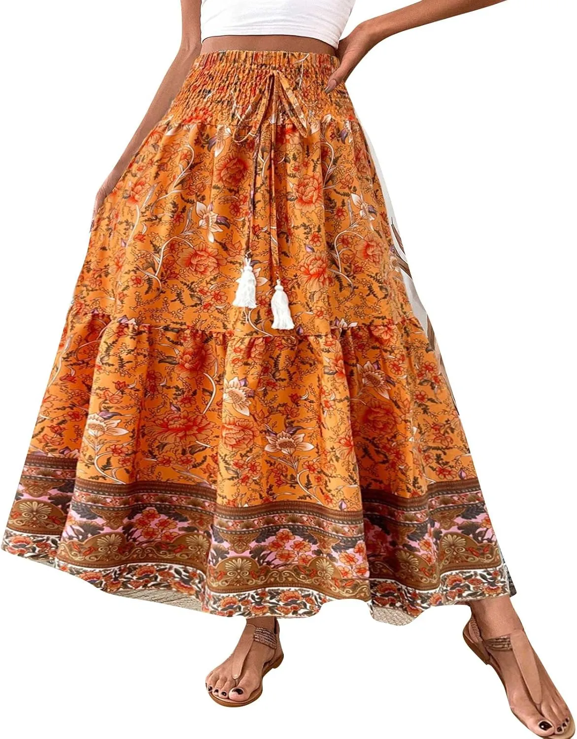 Boho Skirts for Women,2025 Summer Flowy High Waist A Line Maxi Skirt Elegant Pleated Floral Beach Outfits