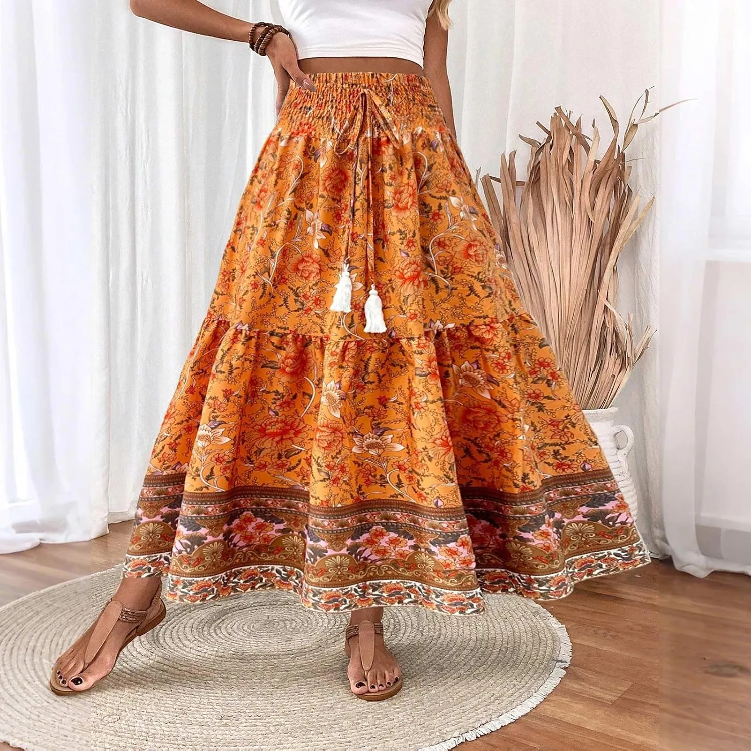 Boho Skirts for Women,2025 Summer Flowy High Waist A Line Maxi Skirt Elegant Pleated Floral Beach Outfits