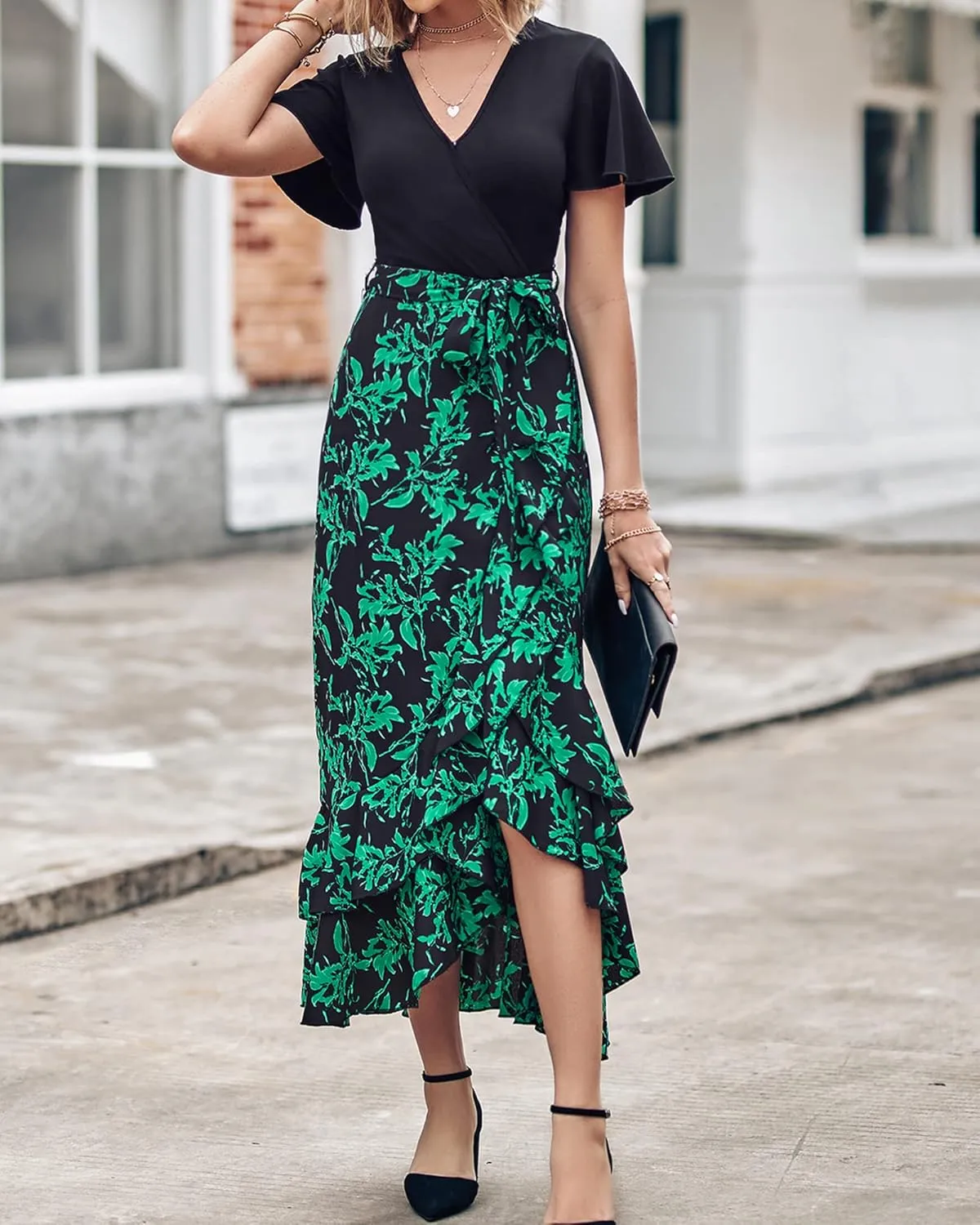 BTFBM Womens Maxi Summer Dresses 2025 Short Sleeve V Neck Boho Floral Print Belted High Low Ruffle Party Cocktail Dress