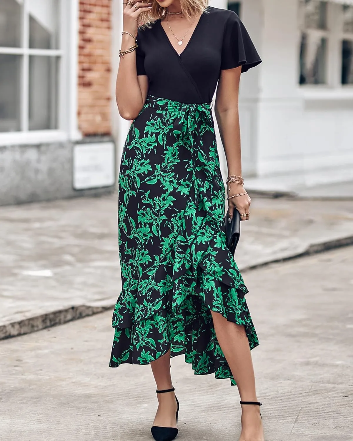 BTFBM Womens Maxi Summer Dresses 2025 Short Sleeve V Neck Boho Floral Print Belted High Low Ruffle Party Cocktail Dress