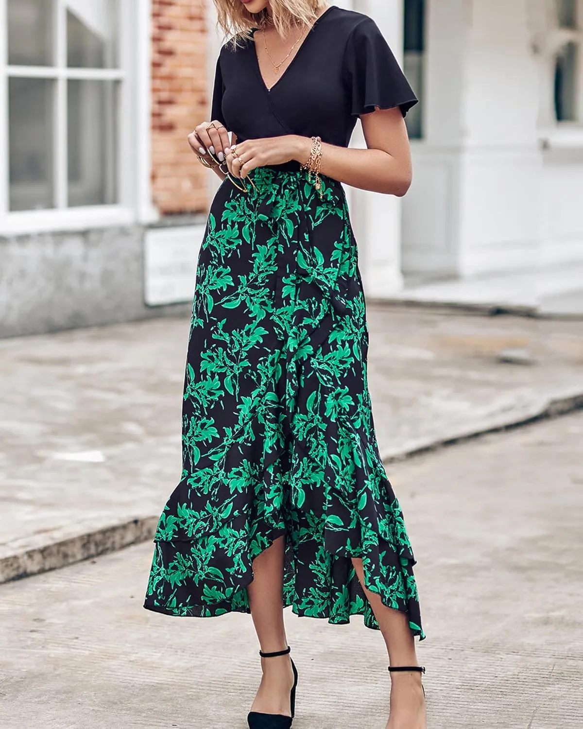 BTFBM Womens Maxi Summer Dresses 2025 Short Sleeve V Neck Boho Floral Print Belted High Low Ruffle Party Cocktail Dress