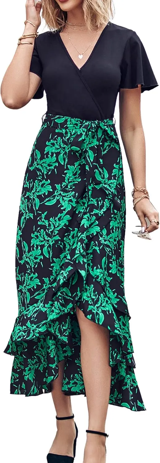 BTFBM Womens Maxi Summer Dresses 2025 Short Sleeve V Neck Boho Floral Print Belted High Low Ruffle Party Cocktail Dress