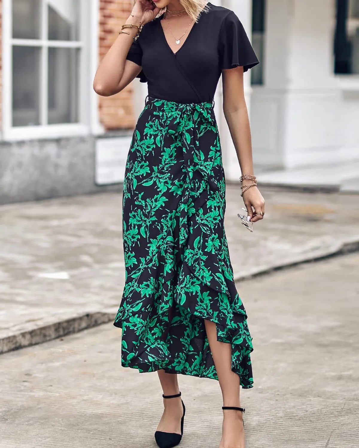 BTFBM Womens Maxi Summer Dresses 2025 Short Sleeve V Neck Boho Floral Print Belted High Low Ruffle Party Cocktail Dress