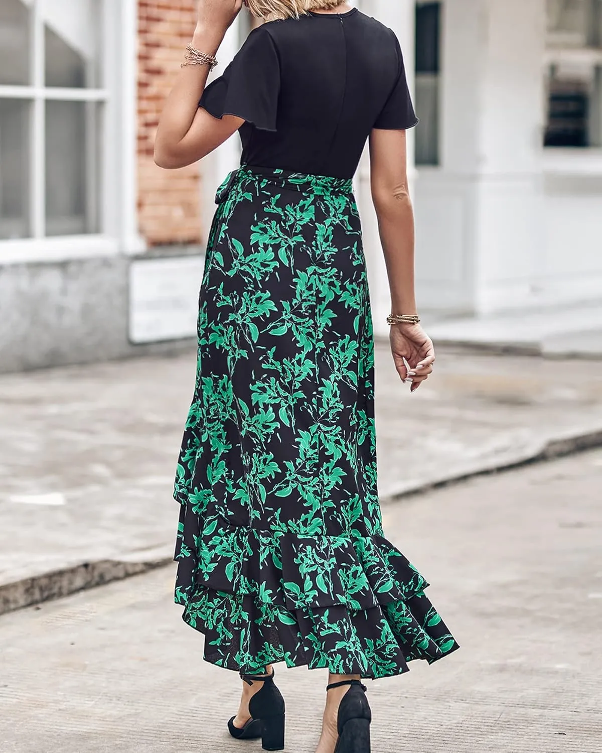 BTFBM Womens Maxi Summer Dresses 2025 Short Sleeve V Neck Boho Floral Print Belted High Low Ruffle Party Cocktail Dress