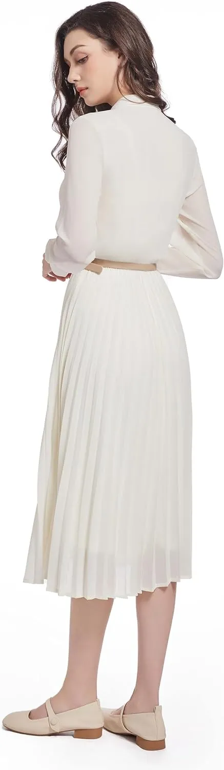 Business Casual Shirt Dress for Women Long Sleeves Pleated Midi Dresses with Belt