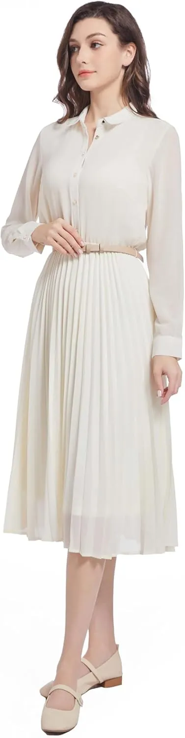 Business Casual Shirt Dress for Women Long Sleeves Pleated Midi Dresses with Belt