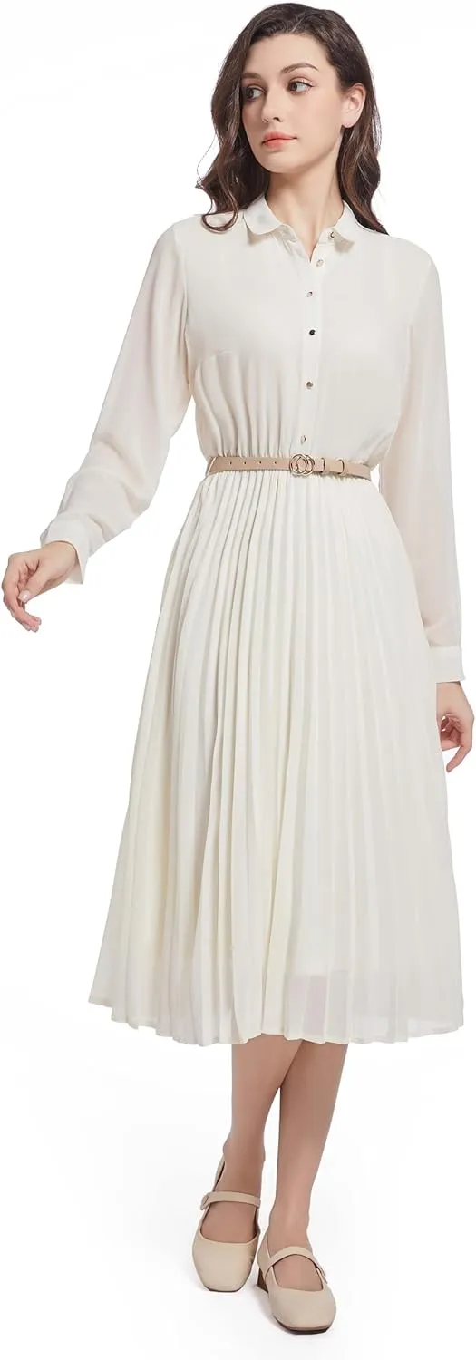 Business Casual Shirt Dress for Women Long Sleeves Pleated Midi Dresses with Belt