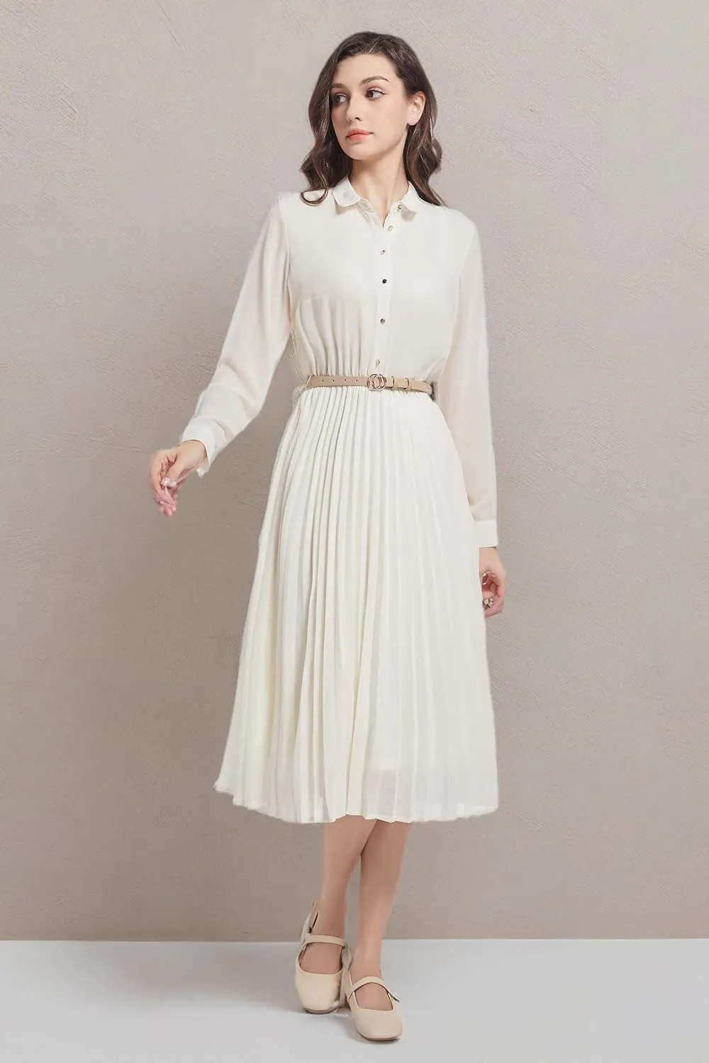 Business Casual Shirt Dress for Women Long Sleeves Pleated Midi Dresses with Belt