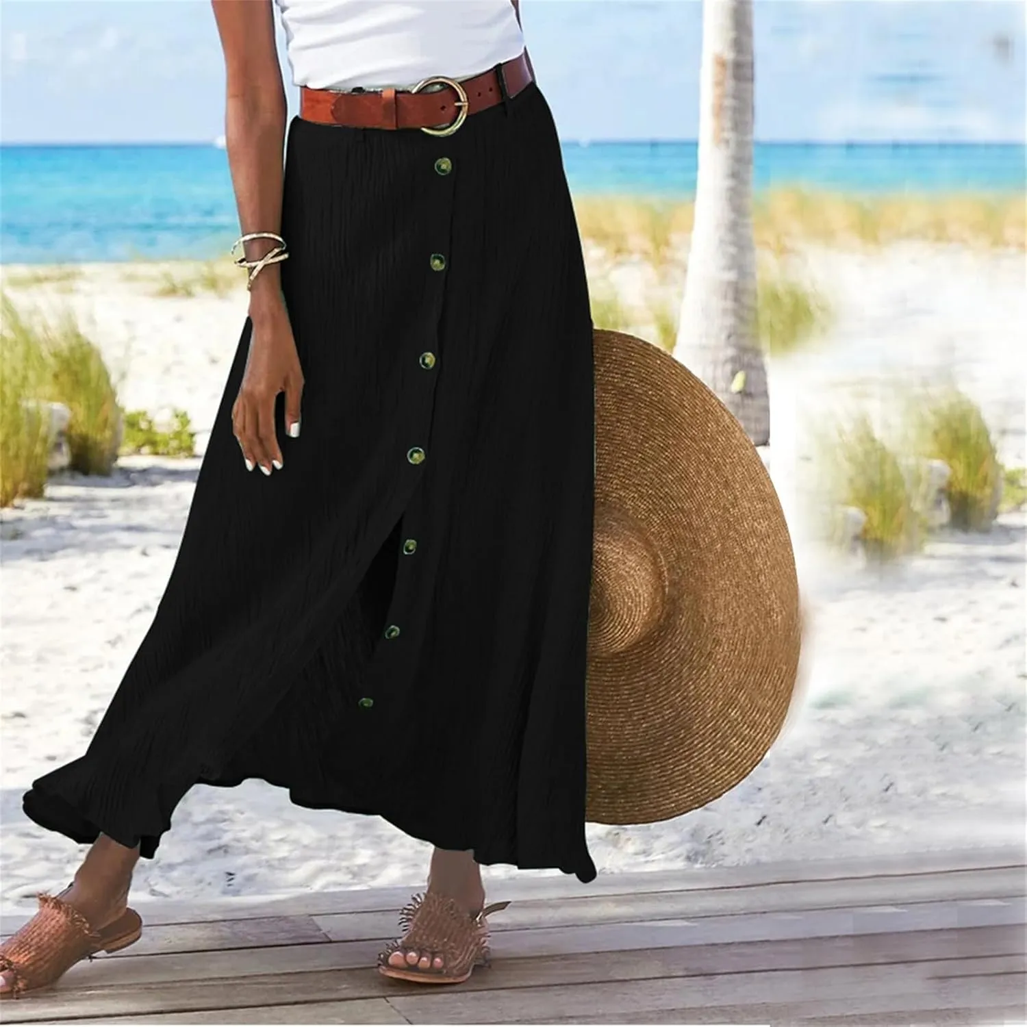 Button Down Maxi Skirts for Women Cotten Linen A Line Beach Long Skirts Casual Loose Flowy Swing Slit Front Dress