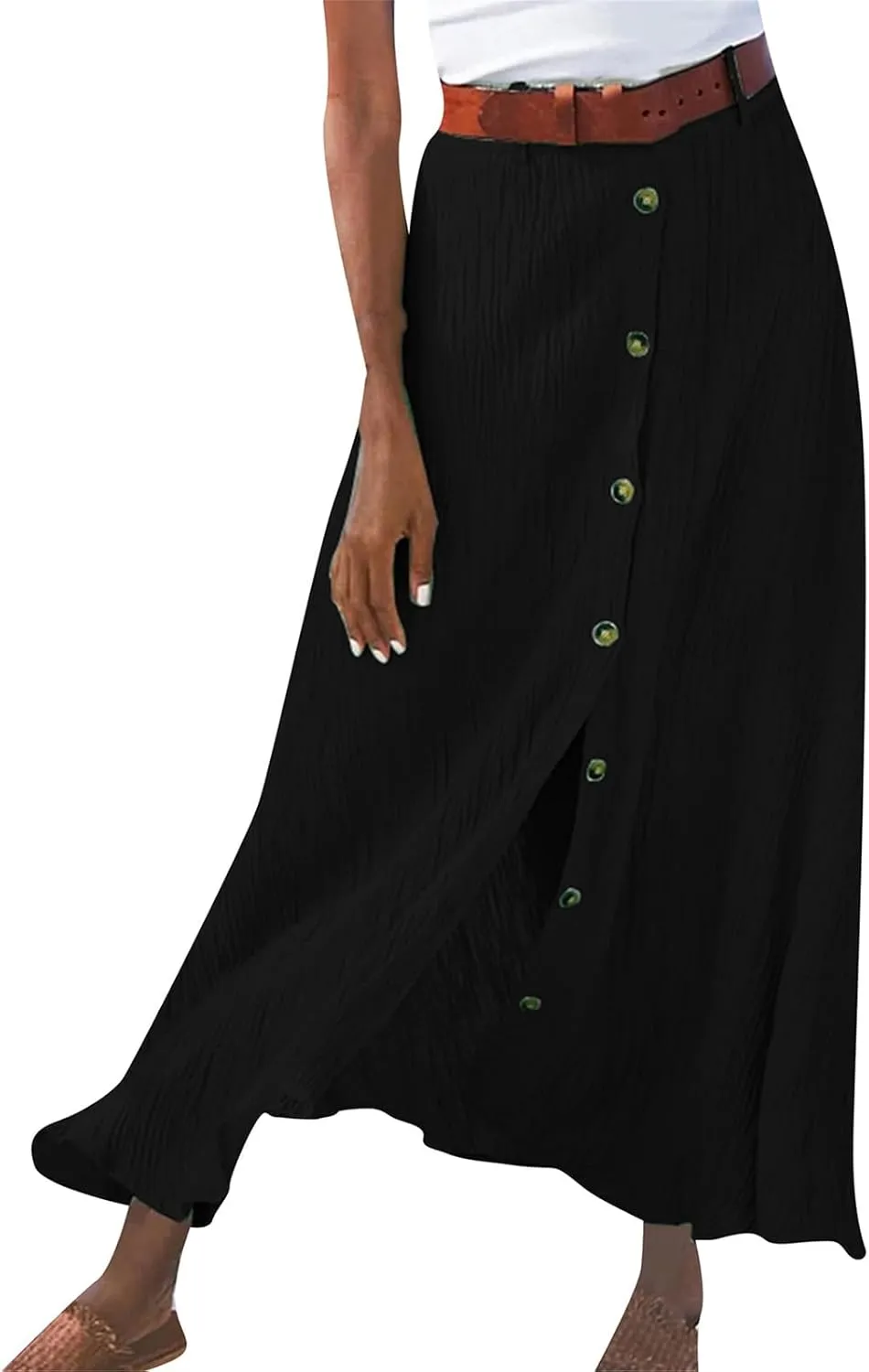 Button Down Maxi Skirts for Women Cotten Linen A Line Beach Long Skirts Casual Loose Flowy Swing Slit Front Dress