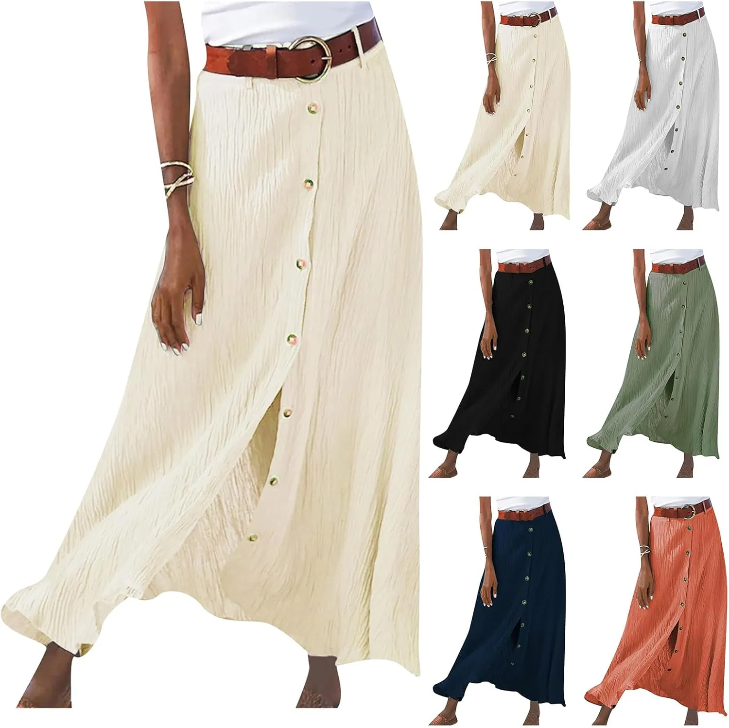 Button Down Maxi Skirts for Women Cotten Linen A Line Beach Long Skirts Casual Loose Flowy Swing Slit Front Dress