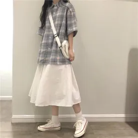 Casual Plaid Loose Shirt   White Midi Skirt