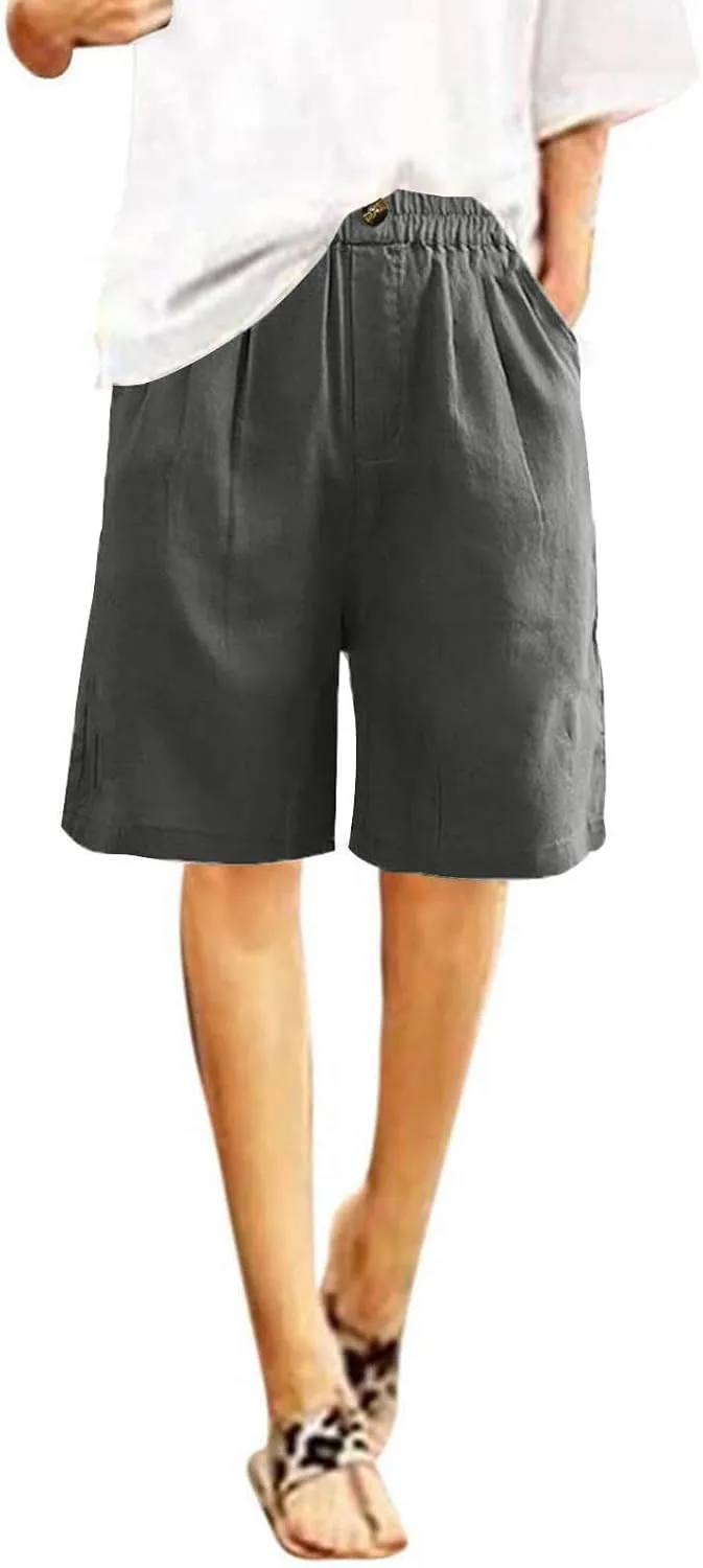 Cotton Linen Shorts for Women Loose Fit Knee Length Bermuda Shorts Casual Wide Leg Elastic Waist Workout Shorts