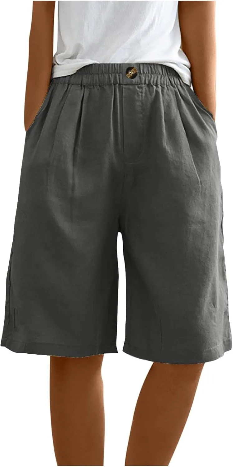 Cotton Linen Shorts for Women Loose Fit Knee Length Bermuda Shorts Casual Wide Leg Elastic Waist Workout Shorts