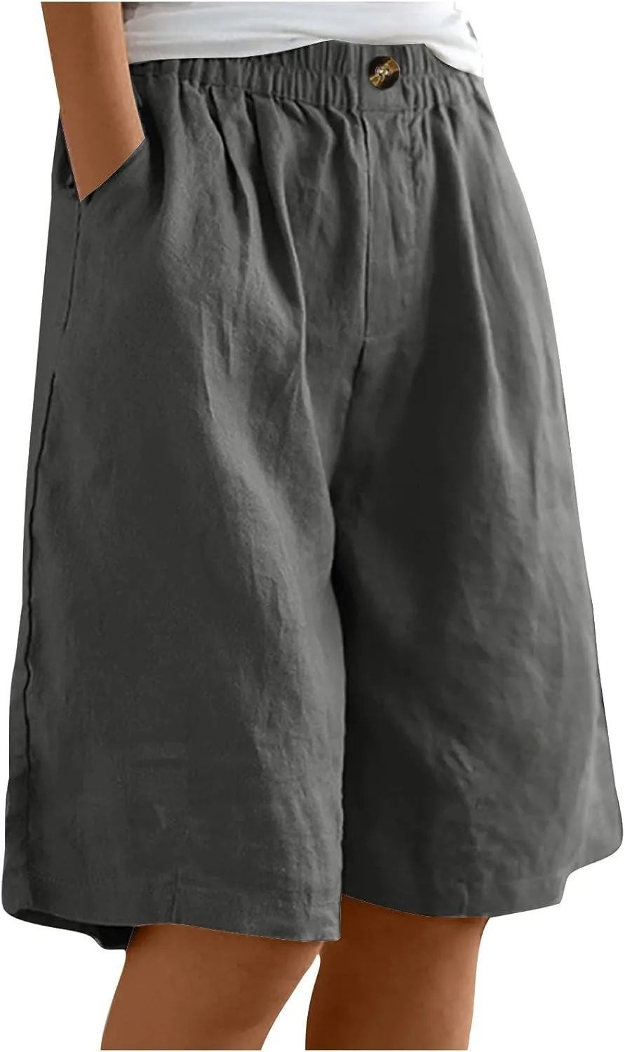 Cotton Linen Shorts for Women Loose Fit Knee Length Bermuda Shorts Casual Wide Leg Elastic Waist Workout Shorts