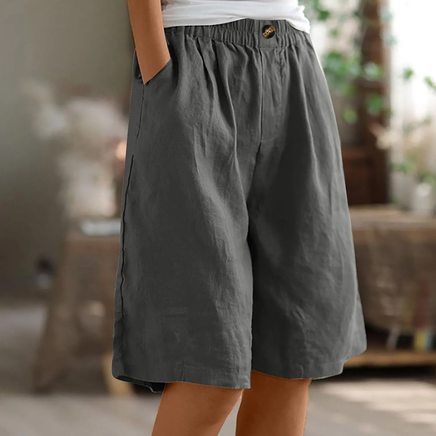 Cotton Linen Shorts for Women Loose Fit Knee Length Bermuda Shorts Casual Wide Leg Elastic Waist Workout Shorts