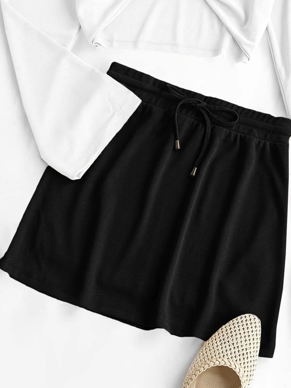 DAOMUMEN Women's Casual Mini Skirt Drawstring Summer High Waist Bodycon Short Skirts