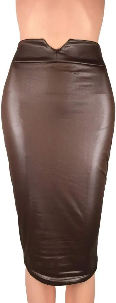 Faux Leather Pencil Skirt for Women Below Knee Length Skirt Midi Bodycon Skirt High Waist Office Business Pencil Skirt