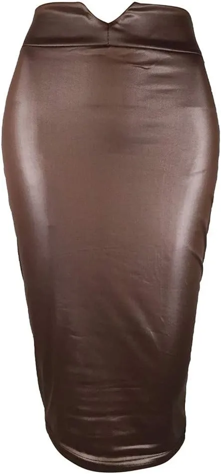 Faux Leather Pencil Skirt for Women Below Knee Length Skirt Midi Bodycon Skirt High Waist Office Business Pencil Skirt
