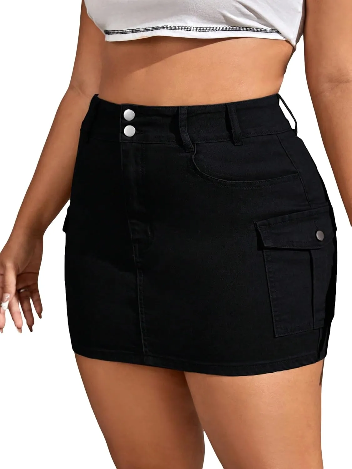 Floerns Women's Plus Size High Waist Skirt Flap Pocket Denim Mini Skirt