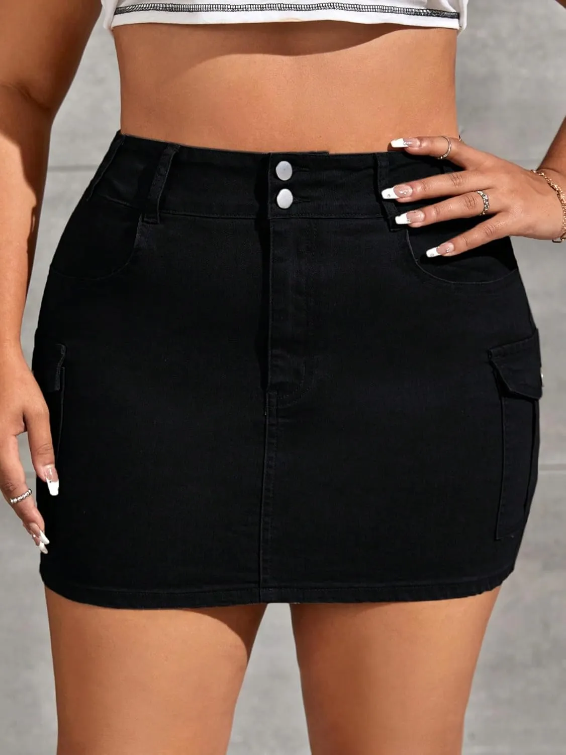 Floerns Women's Plus Size High Waist Skirt Flap Pocket Denim Mini Skirt