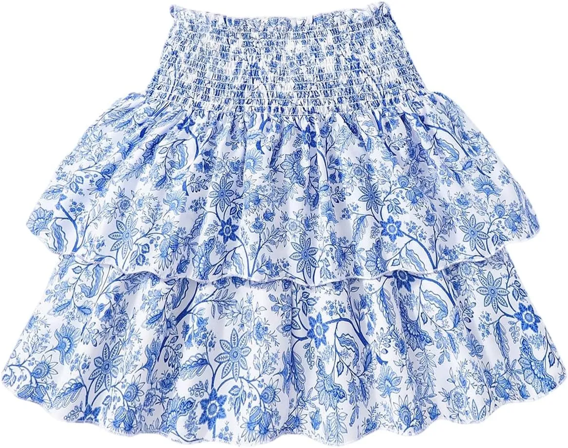 Girl's Tiered Layer Shirred Boho Smocked Skirts Casual Cute High Waisted Pleated Ruffle Flowy Elastic Skirts